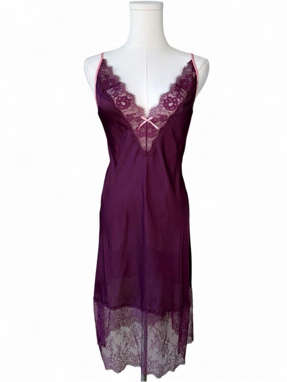 Victoria’s Secret Lace Trim Plum Open Back Midi Slip Dress Femme Romantic